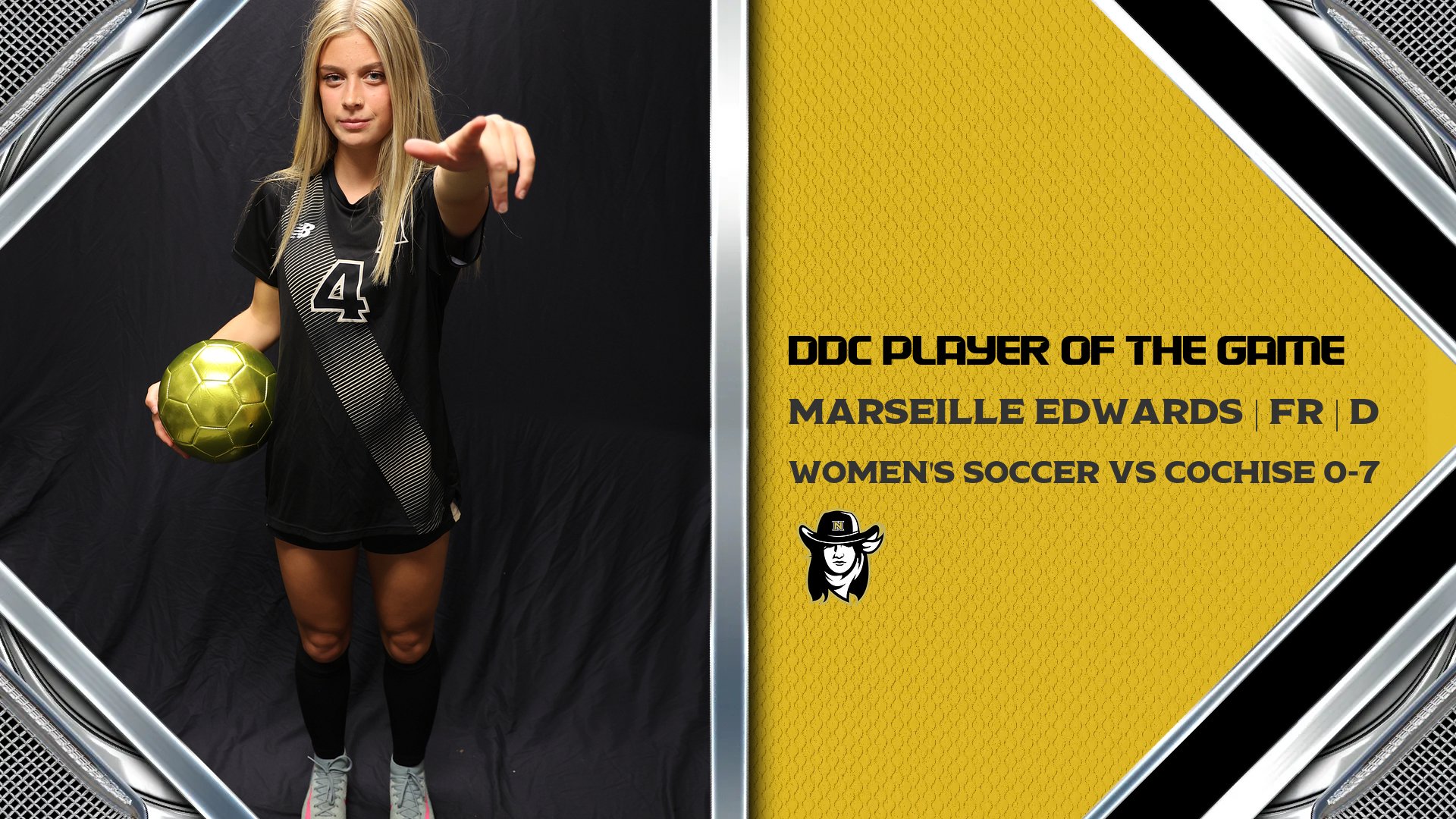 Marseille Edwards poses with her finger pointing towards the camera and holding soccer ball.